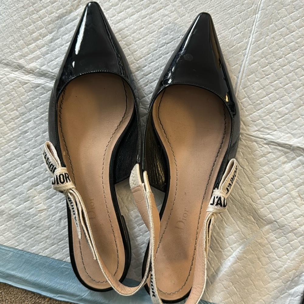 Christian dior J'Adior bla k white ribbon patent leather slingback flat 36